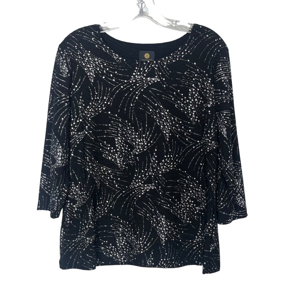 JM Collection Shirt Womens PXL Black White Jacquard Linework‎ Petite New